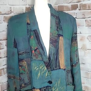 Vintage Abstract Print Green Single-Button Oversized Blazer Large